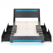 Queen Size Upholstered Platform Bed Frame with LED Lights and Charging Station-Grey-Simple Bed Frame-DECOROLALA