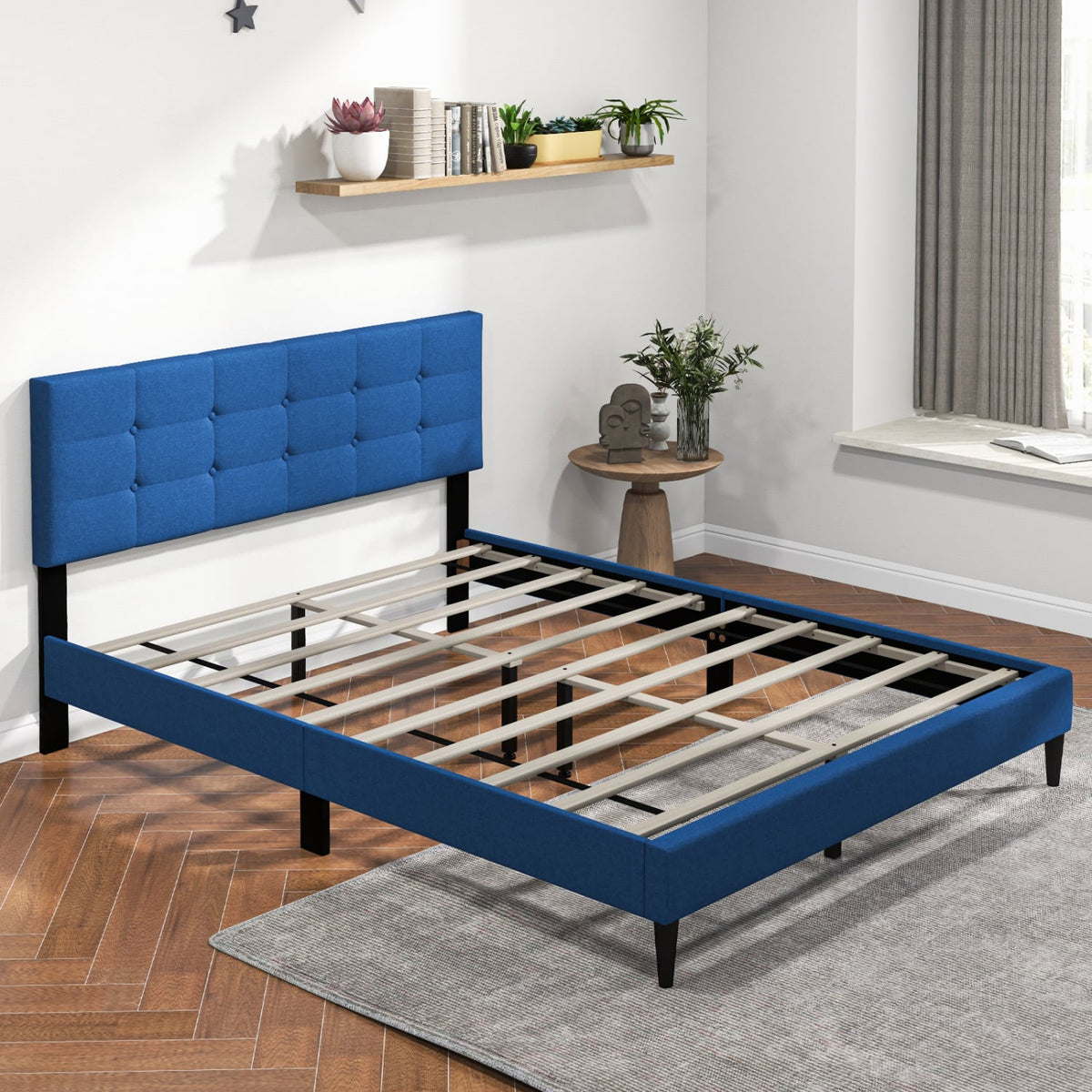 Queen Size Upholstered Platform Bed with Button Tufted Headboard-Blue-Simple Bed Frame-DECOROLALA