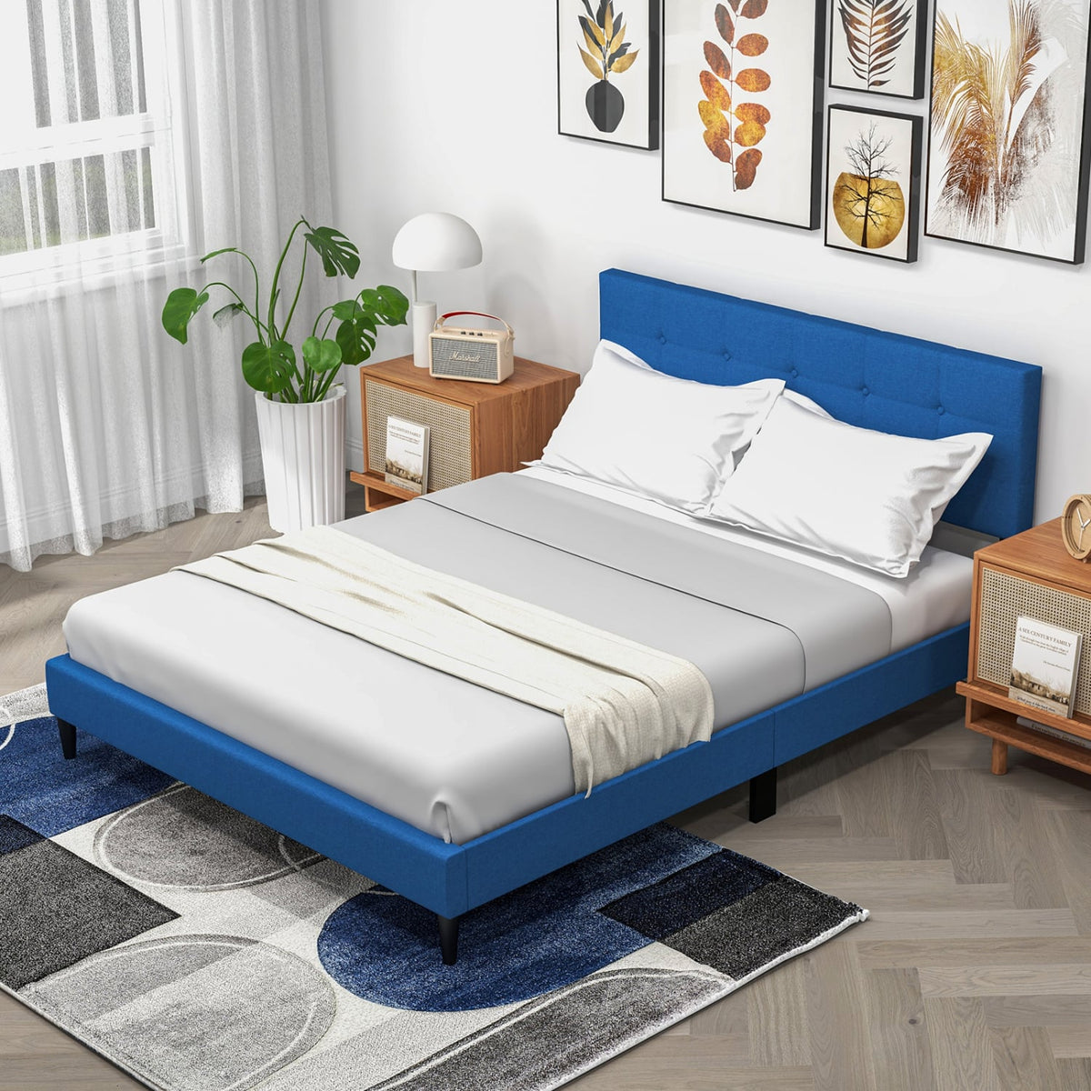 Queen Size Upholstered Platform Bed with Button Tufted Headboard-Blue-Simple Bed Frame-DECOROLALA