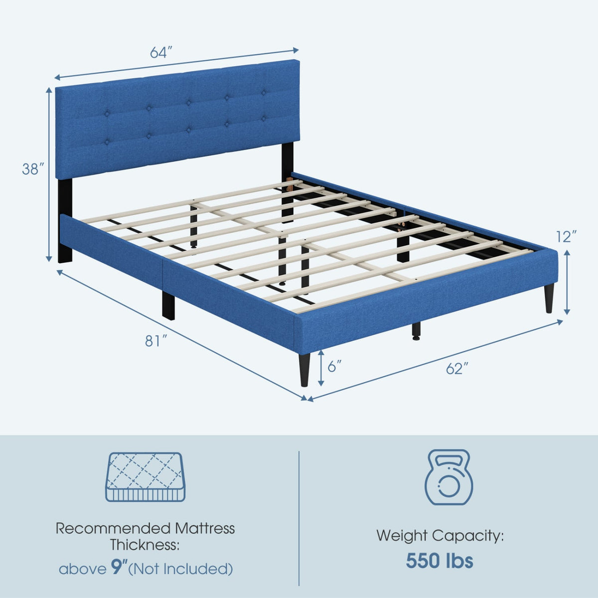Queen Size Upholstered Platform Bed with Button Tufted Headboard-Blue-Simple Bed Frame-DECOROLALA