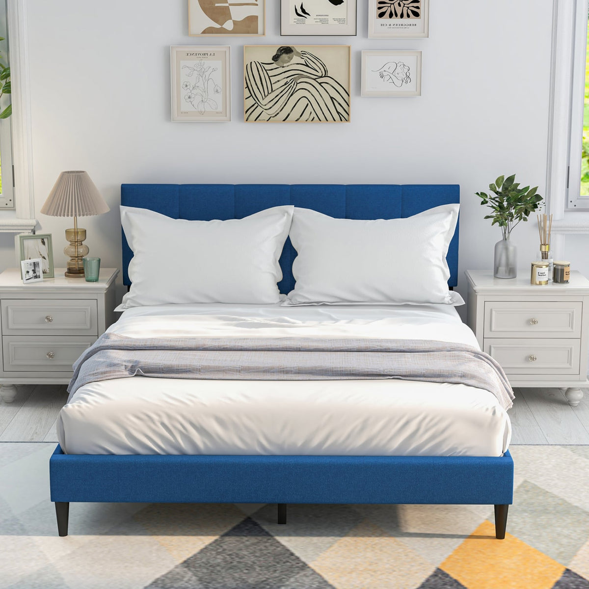 Queen Size Upholstered Platform Bed with Button Tufted Headboard-Blue-Simple Bed Frame-DECOROLALA