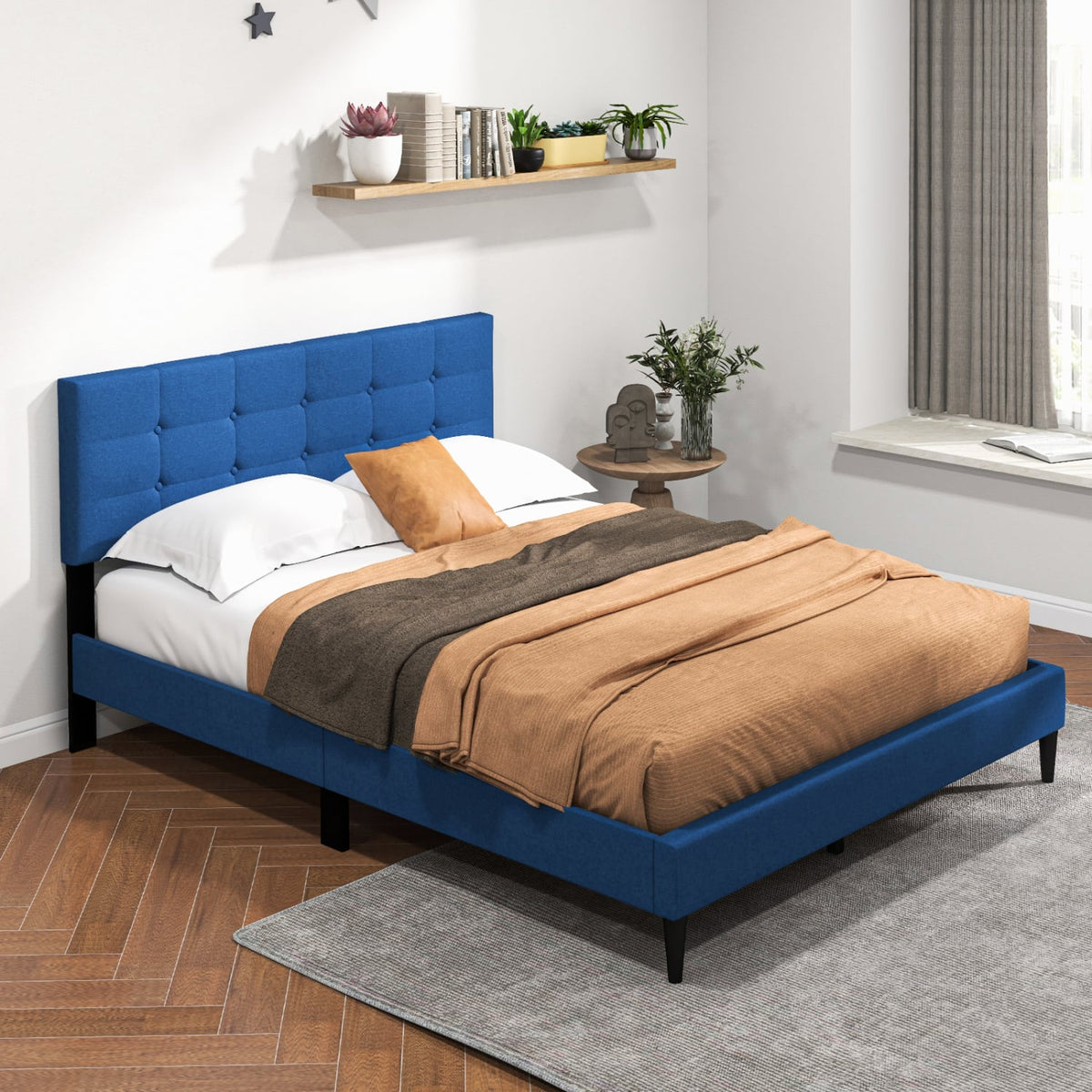 Queen Size Upholstered Platform Bed with Button Tufted Headboard-Blue-Simple Bed Frame-DECOROLALA