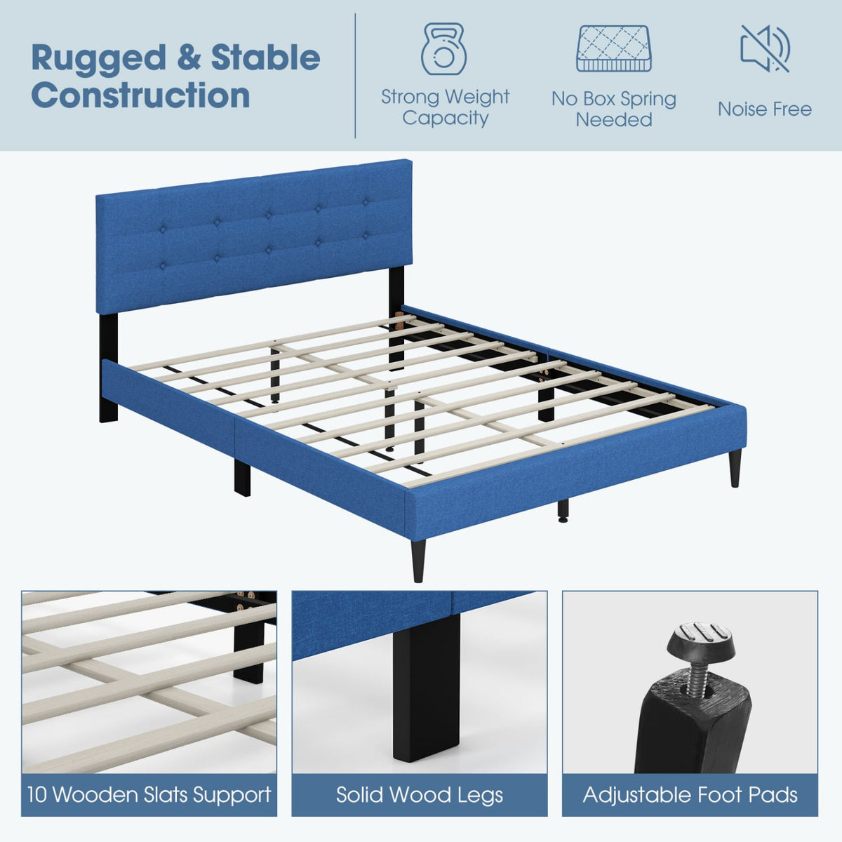 Queen Size Upholstered Platform Bed with Button Tufted Headboard-Blue-Simple Bed Frame-DECOROLALA