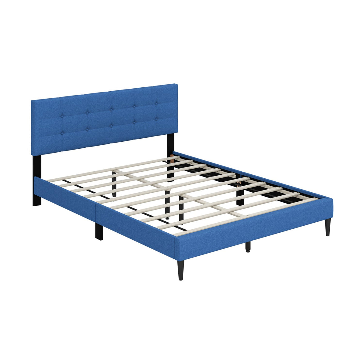 Queen Size Upholstered Platform Bed with Button Tufted Headboard-Blue-Simple Bed Frame-DECOROLALA