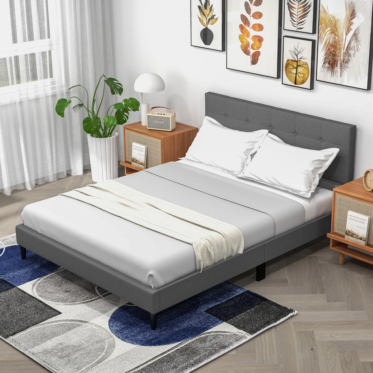 Queen Size Upholstered Platform Bed with Button Tufted Headboard-Gray-Simple Bed Frame-DECOROLALA