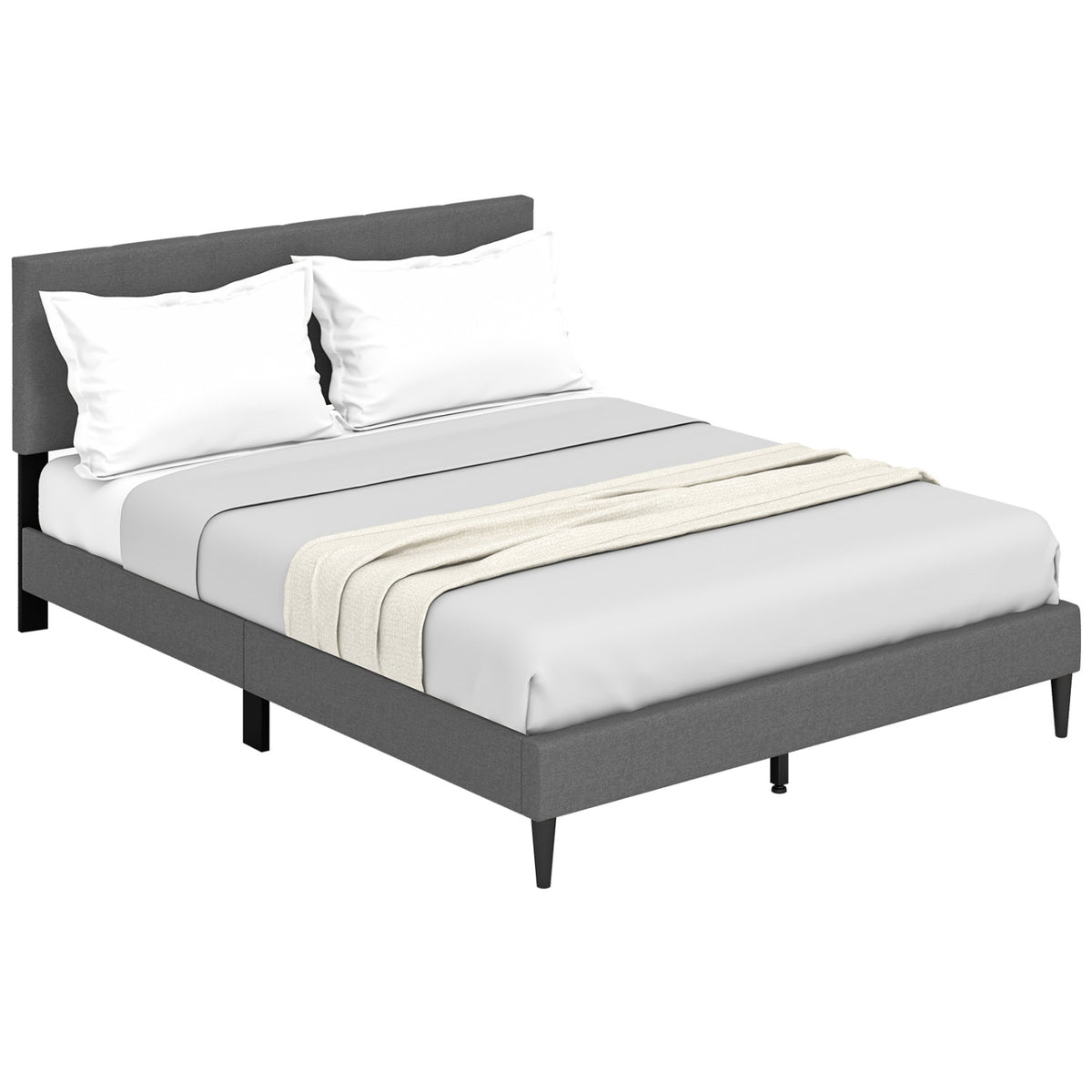 Queen Size Upholstered Platform Bed with Button Tufted Headboard-Gray-Simple Bed Frame-DECOROLALA