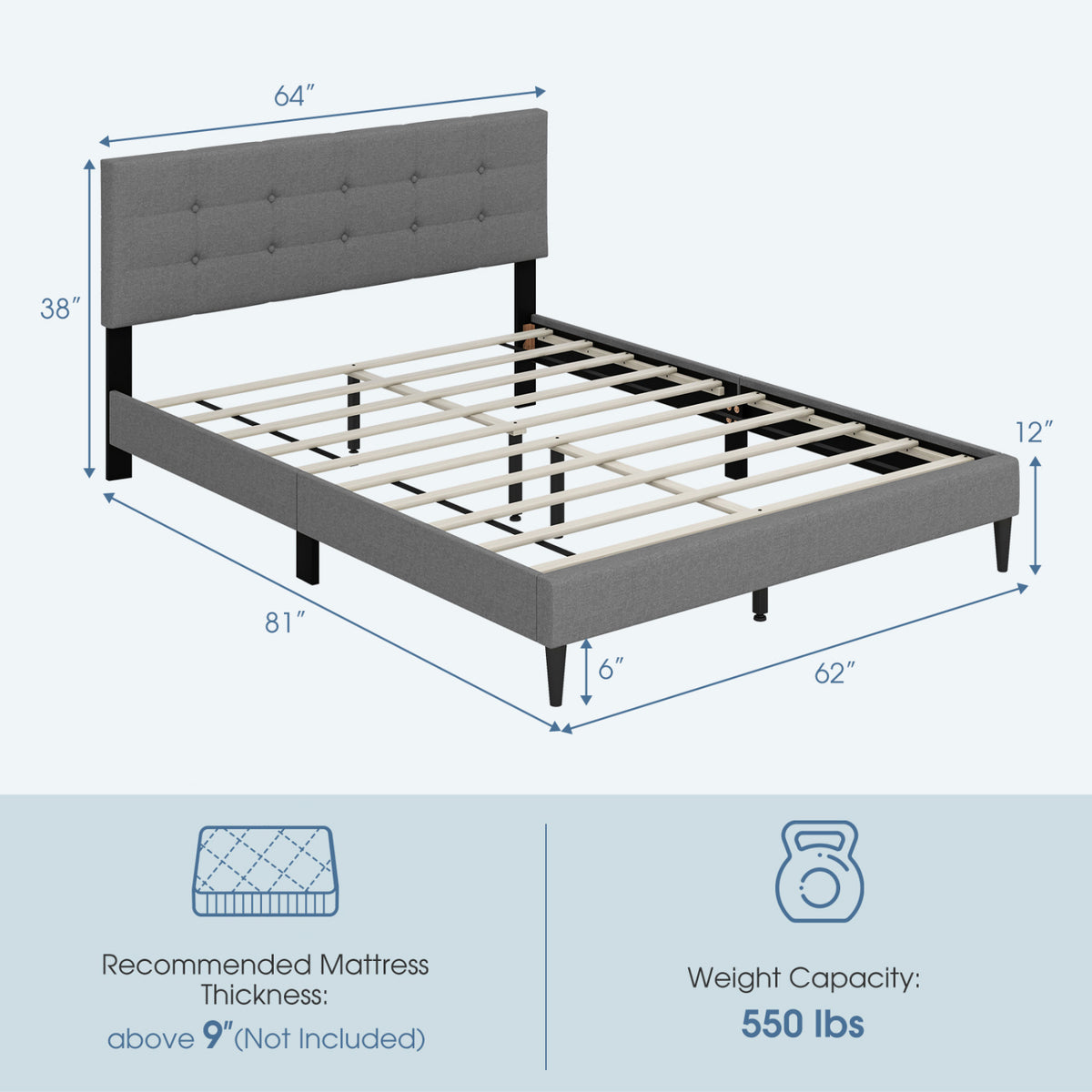 Queen Size Upholstered Platform Bed with Button Tufted Headboard-Gray-Simple Bed Frame-DECOROLALA