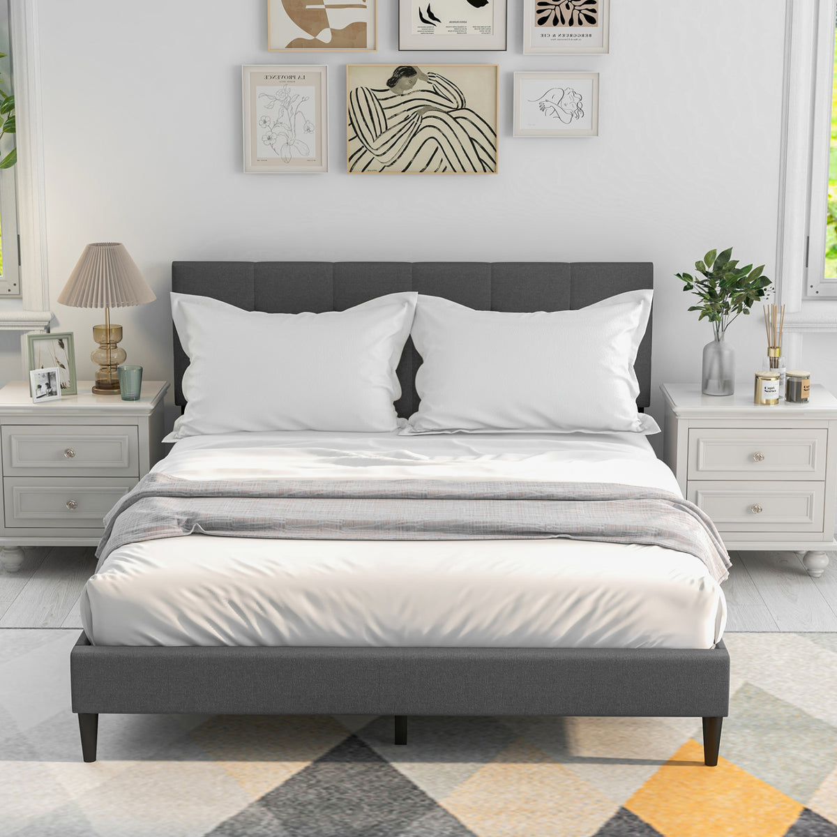 Queen Size Upholstered Platform Bed with Button Tufted Headboard-Gray-Simple Bed Frame-DECOROLALA