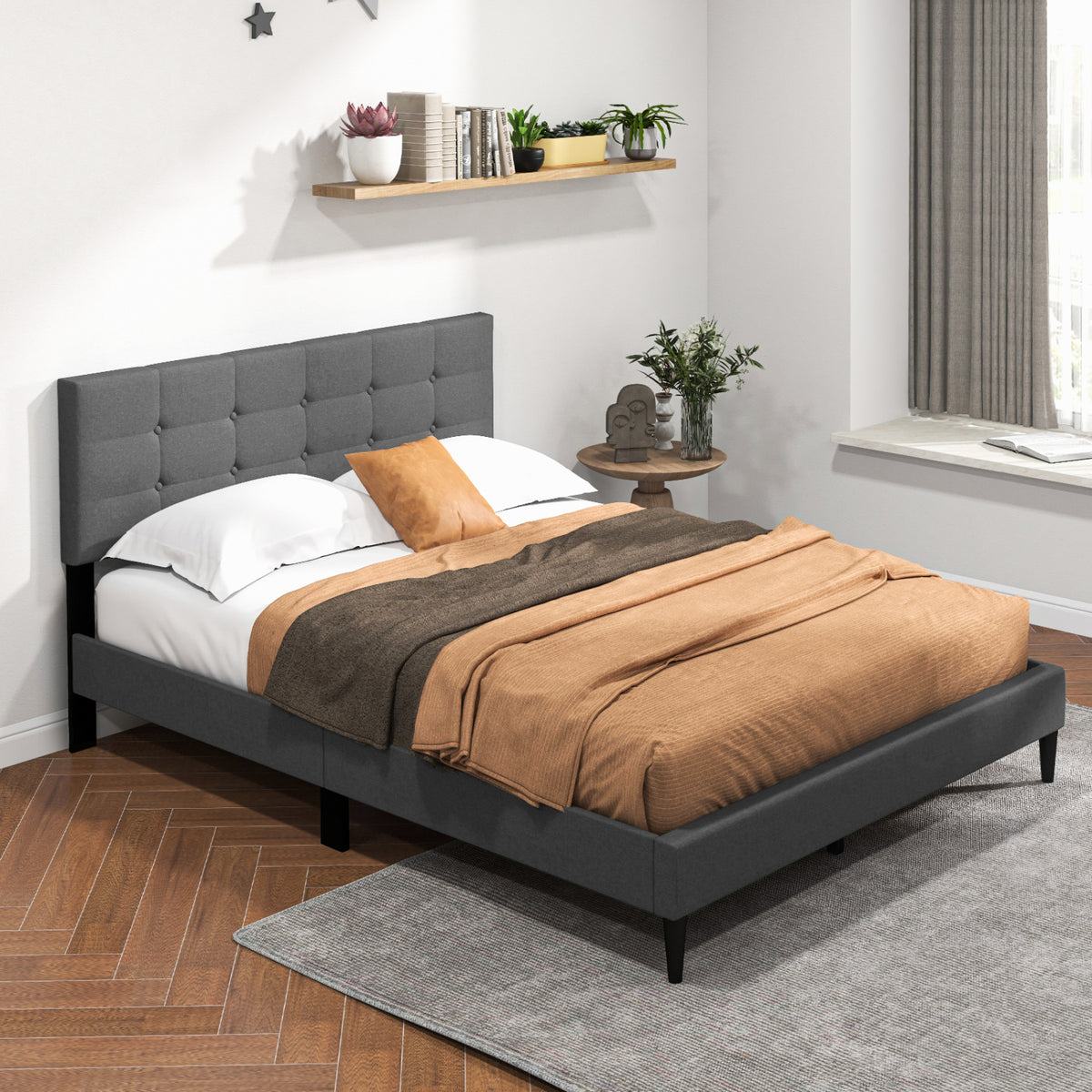 Queen Size Upholstered Platform Bed with Button Tufted Headboard-Gray-Simple Bed Frame-DECOROLALA