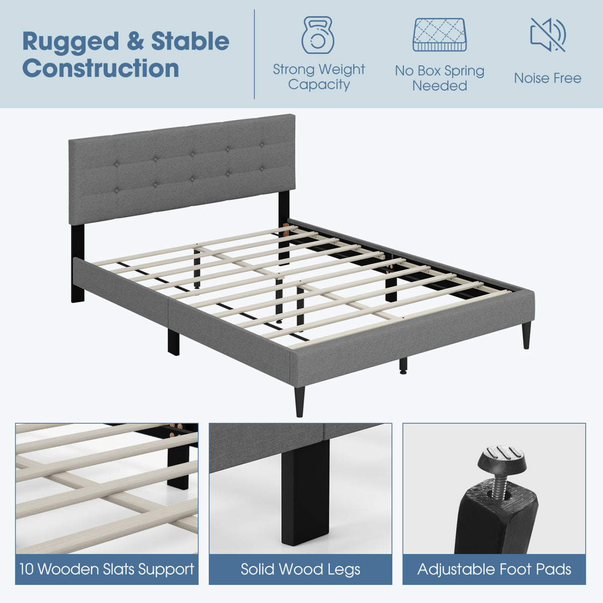 Queen Size Upholstered Platform Bed with Button Tufted Headboard-Gray-Simple Bed Frame-DECOROLALA