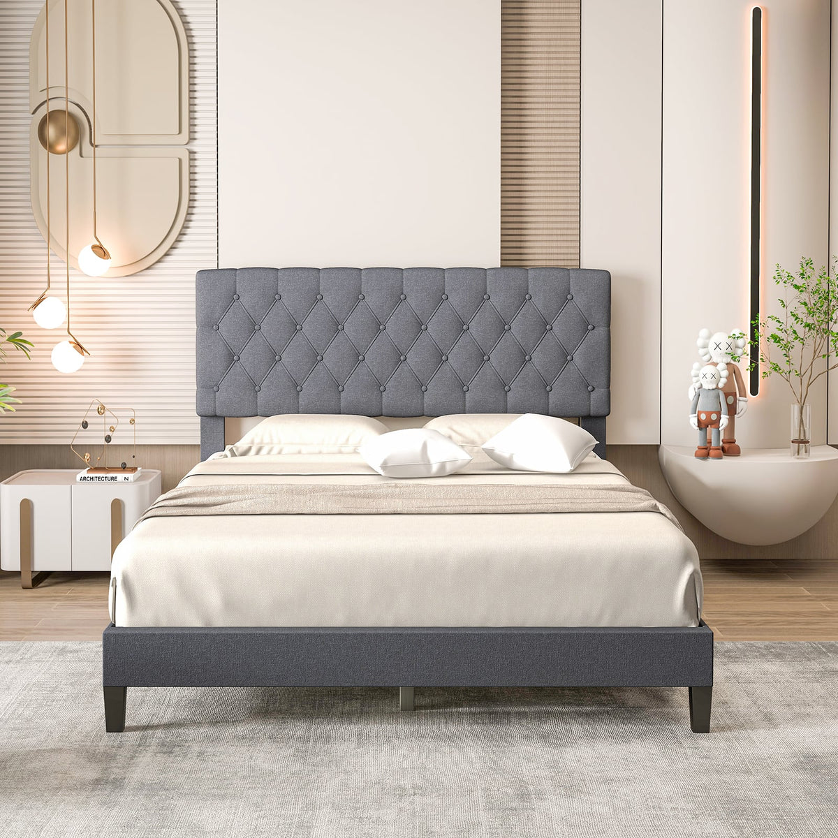Queen Size Upholstered Platform Bed with Button Tufted Headboard-Queen & Gray-Simple Bed Frame-DECOROLALA