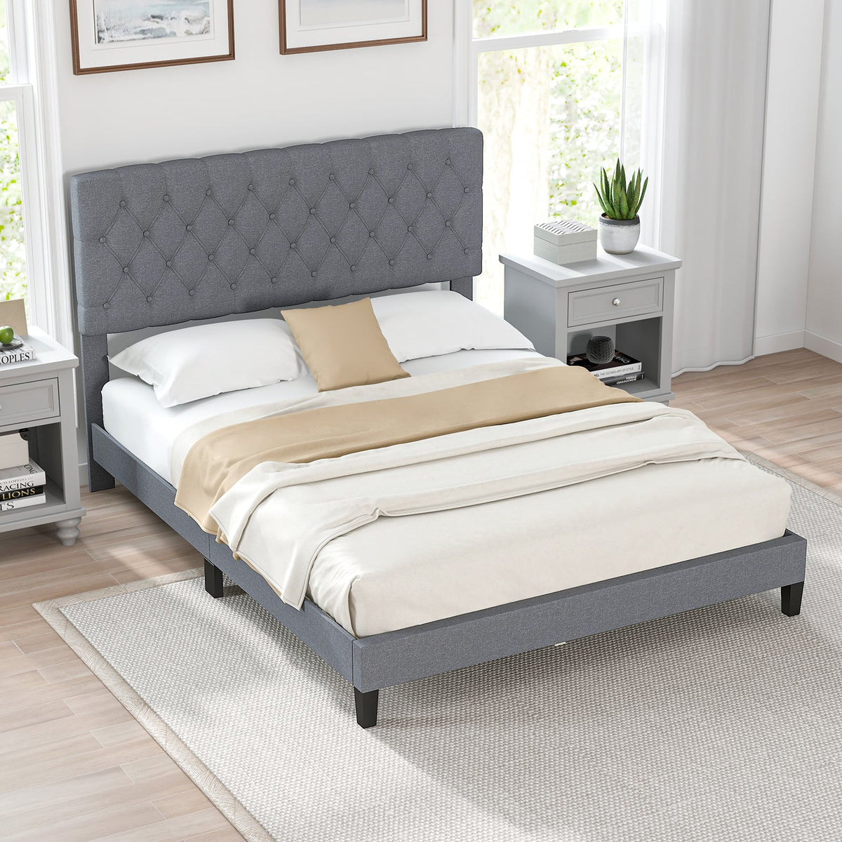 Queen Size Upholstered Platform Bed with Button Tufted Headboard-Queen & Gray-Simple Bed Frame-DECOROLALA
