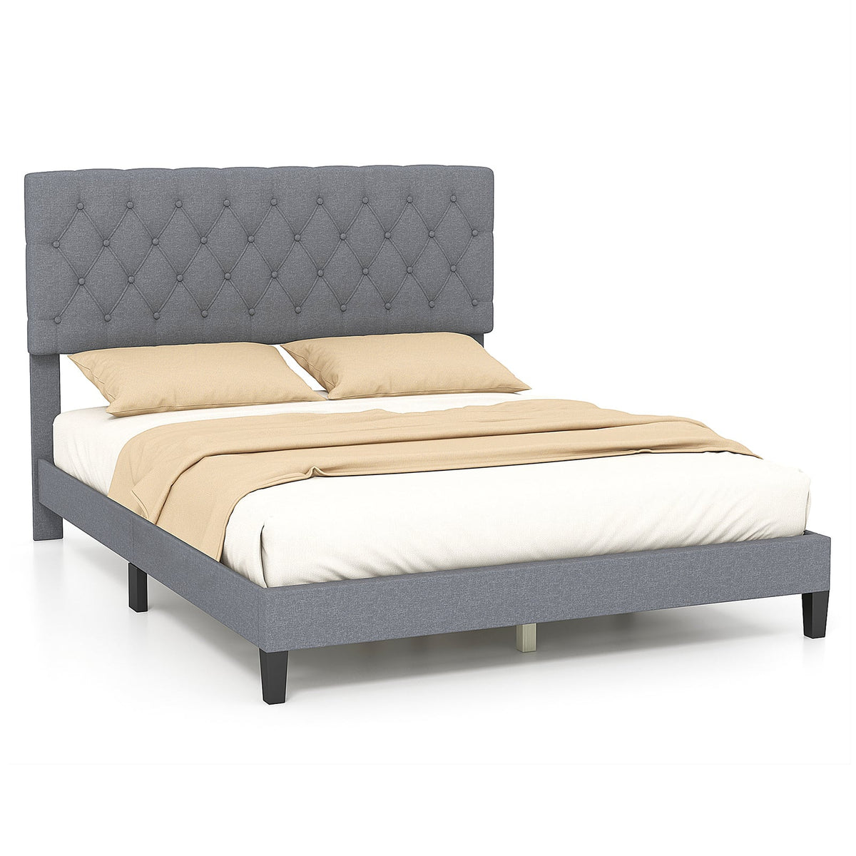 Queen Size Upholstered Platform Bed with Button Tufted Headboard-Queen & Gray-Simple Bed Frame-DECOROLALA