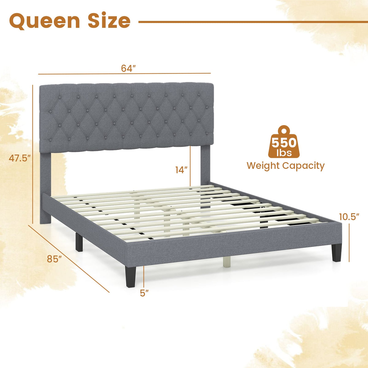 Queen Size Upholstered Platform Bed with Button Tufted Headboard-Queen & Gray-Simple Bed Frame-DECOROLALA
