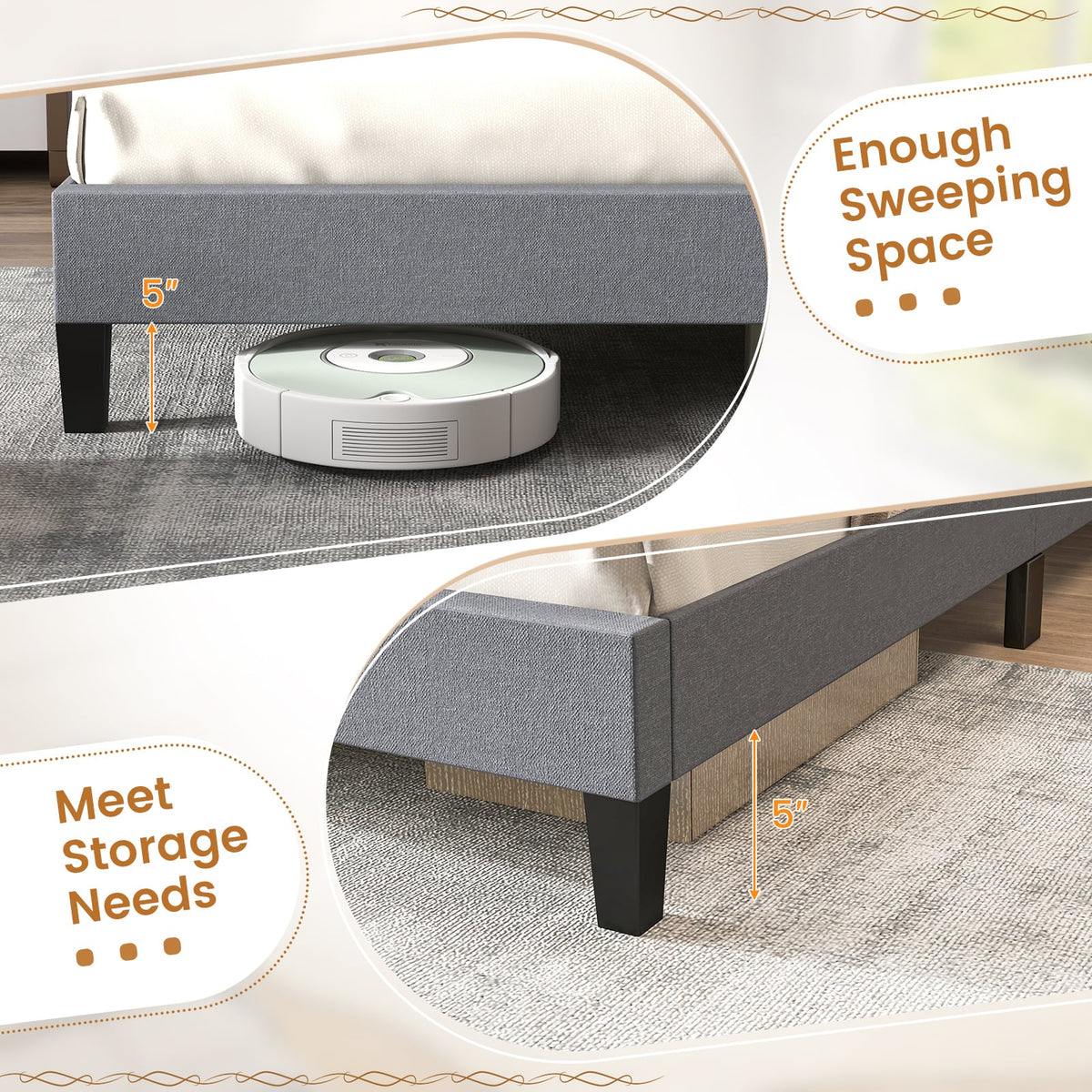 Queen Size Upholstered Platform Bed with Button Tufted Headboard-Queen & Gray-Simple Bed Frame-DECOROLALA