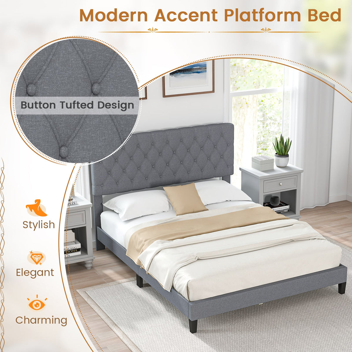 Queen Size Upholstered Platform Bed with Button Tufted Headboard-Queen & Gray-Simple Bed Frame-DECOROLALA