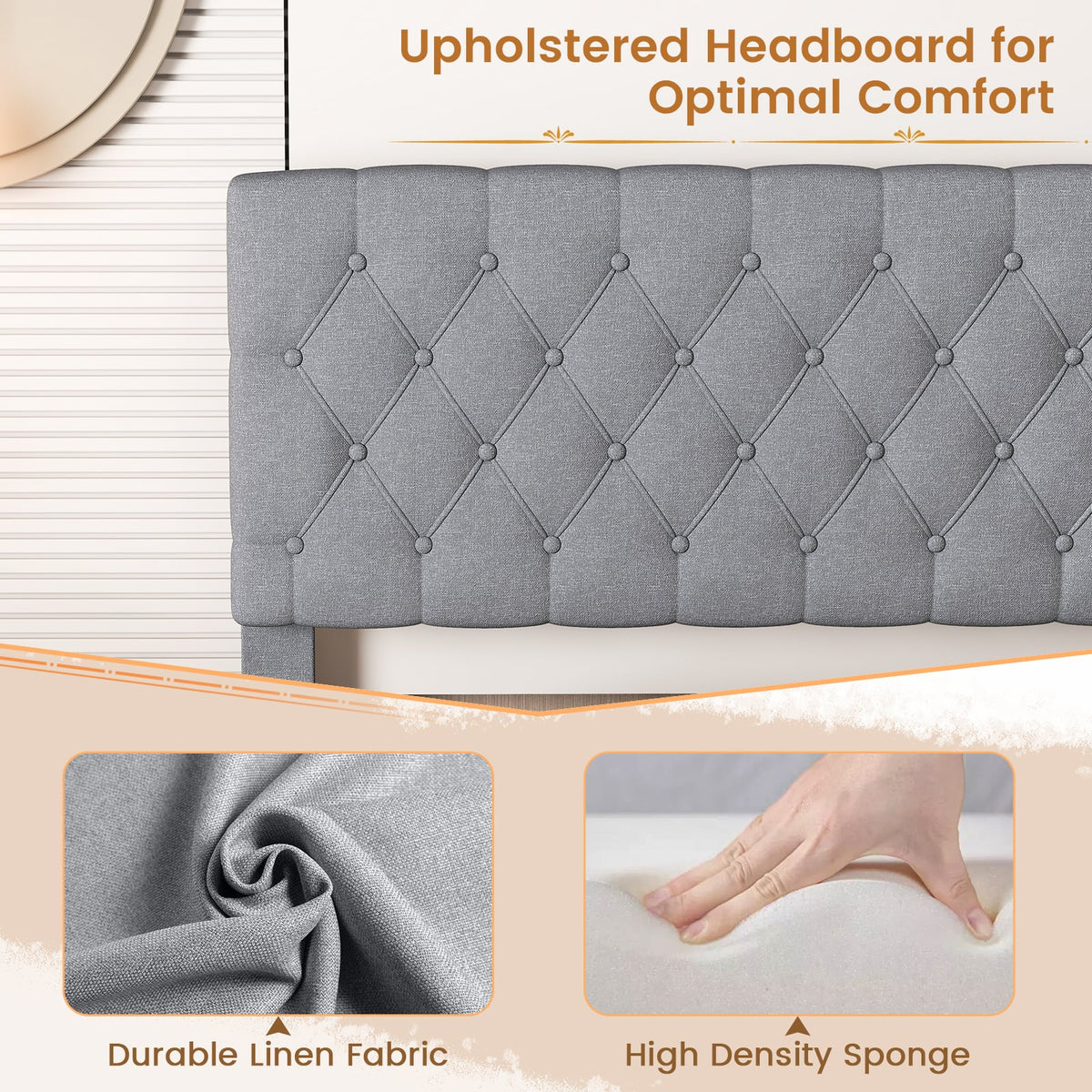 Queen Size Upholstered Platform Bed with Button Tufted Headboard-Queen & Gray-Simple Bed Frame-DECOROLALA