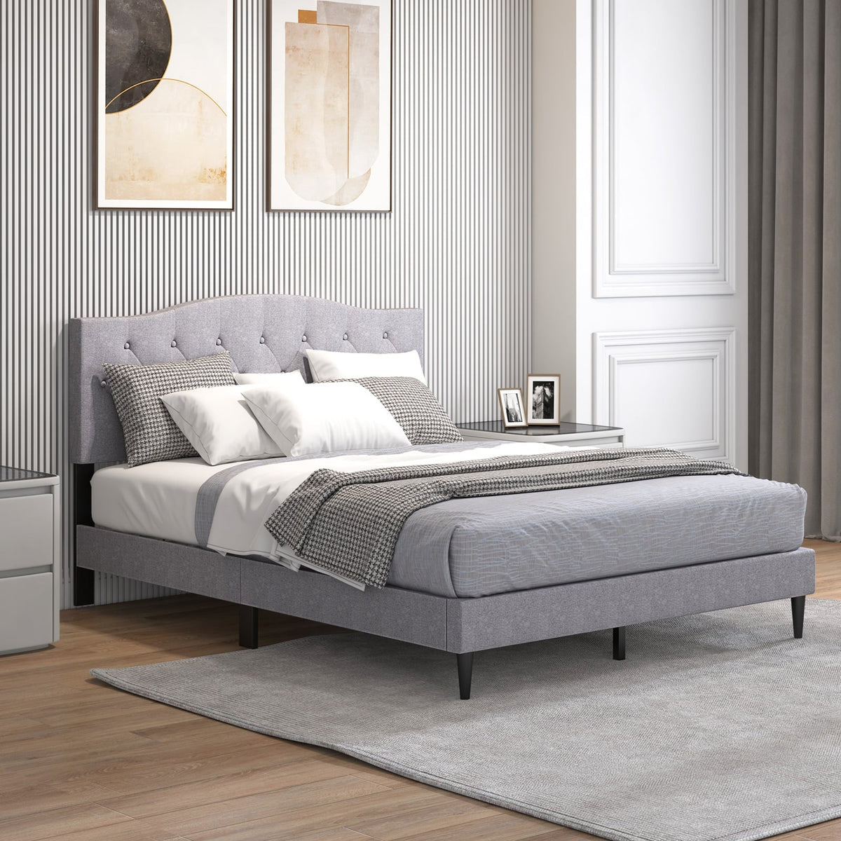 Queen Size Upholstered Platform Bed with Button Tufted Headboard-Queen Size-Simple Bed Frame-DECOROLALA