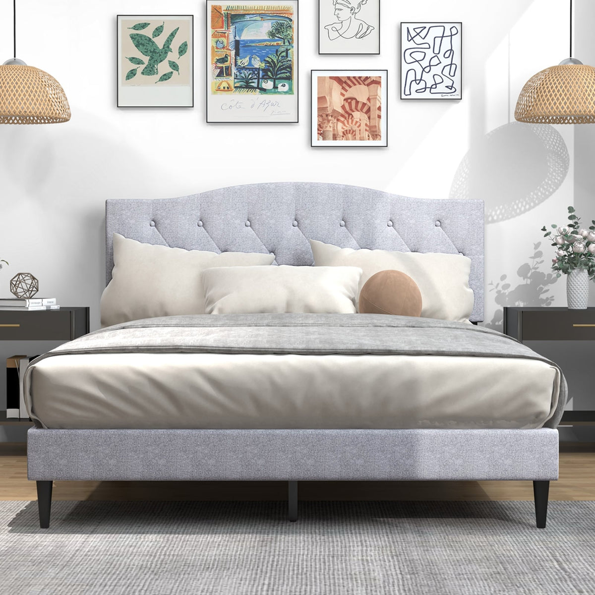 Queen Size Upholstered Platform Bed with Button Tufted Headboard-Queen Size-Simple Bed Frame-DECOROLALA