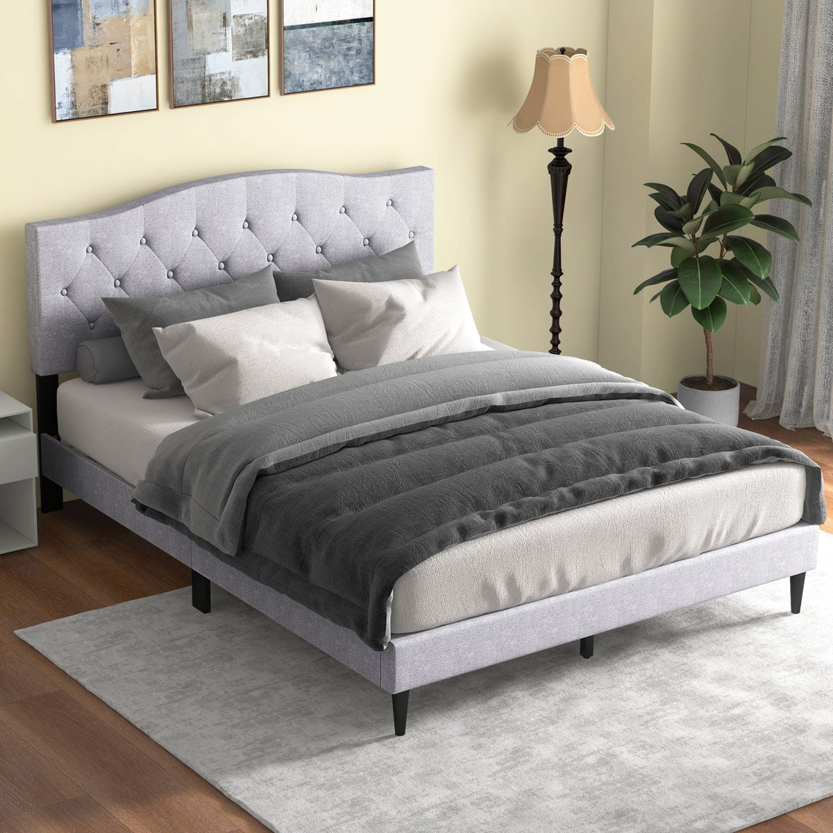 Queen Size Upholstered Platform Bed with Button Tufted Headboard-Queen Size-Simple Bed Frame-DECOROLALA