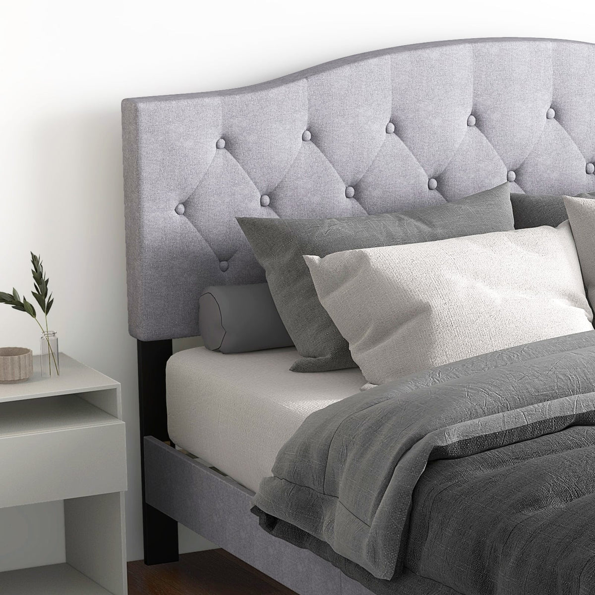 Queen Size Upholstered Platform Bed with Button Tufted Headboard-Queen Size-Simple Bed Frame-DECOROLALA