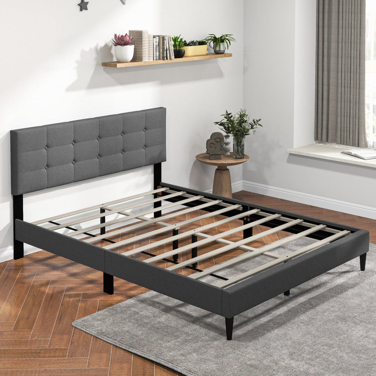 Queen Size Upholstered Platform Bed with Button Tufted Headboard-Simple Bed Frame-DECOROLALA