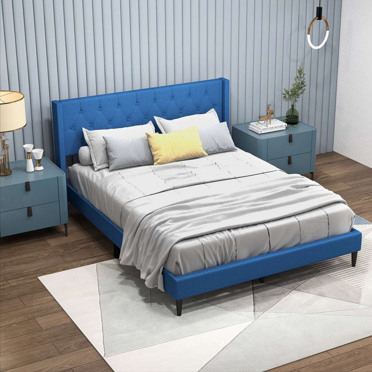 Queen Size Upholstered Platform Bed with Button Tufted Wingback Headboard-Blue-Simple Bed Frame-DECOROLALA