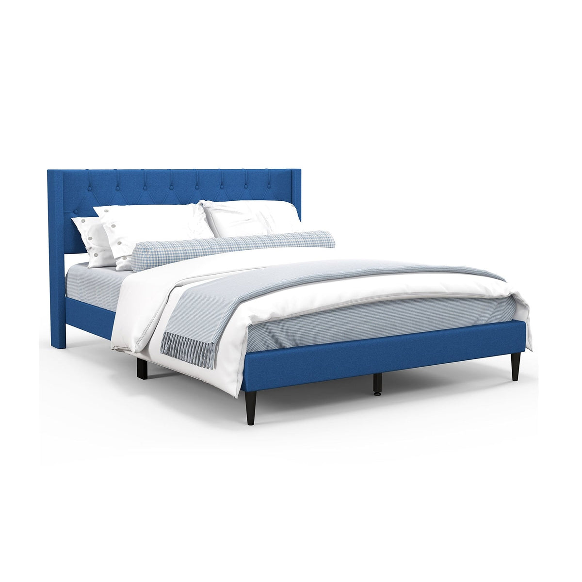 Queen Size Upholstered Platform Bed with Button Tufted Wingback Headboard-Blue-Simple Bed Frame-DECOROLALA