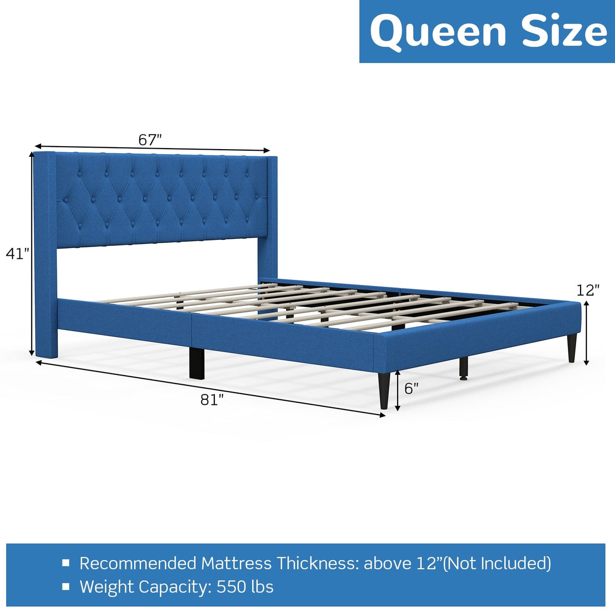 Queen Size Upholstered Platform Bed with Button Tufted Wingback Headboard-Blue-Simple Bed Frame-DECOROLALA