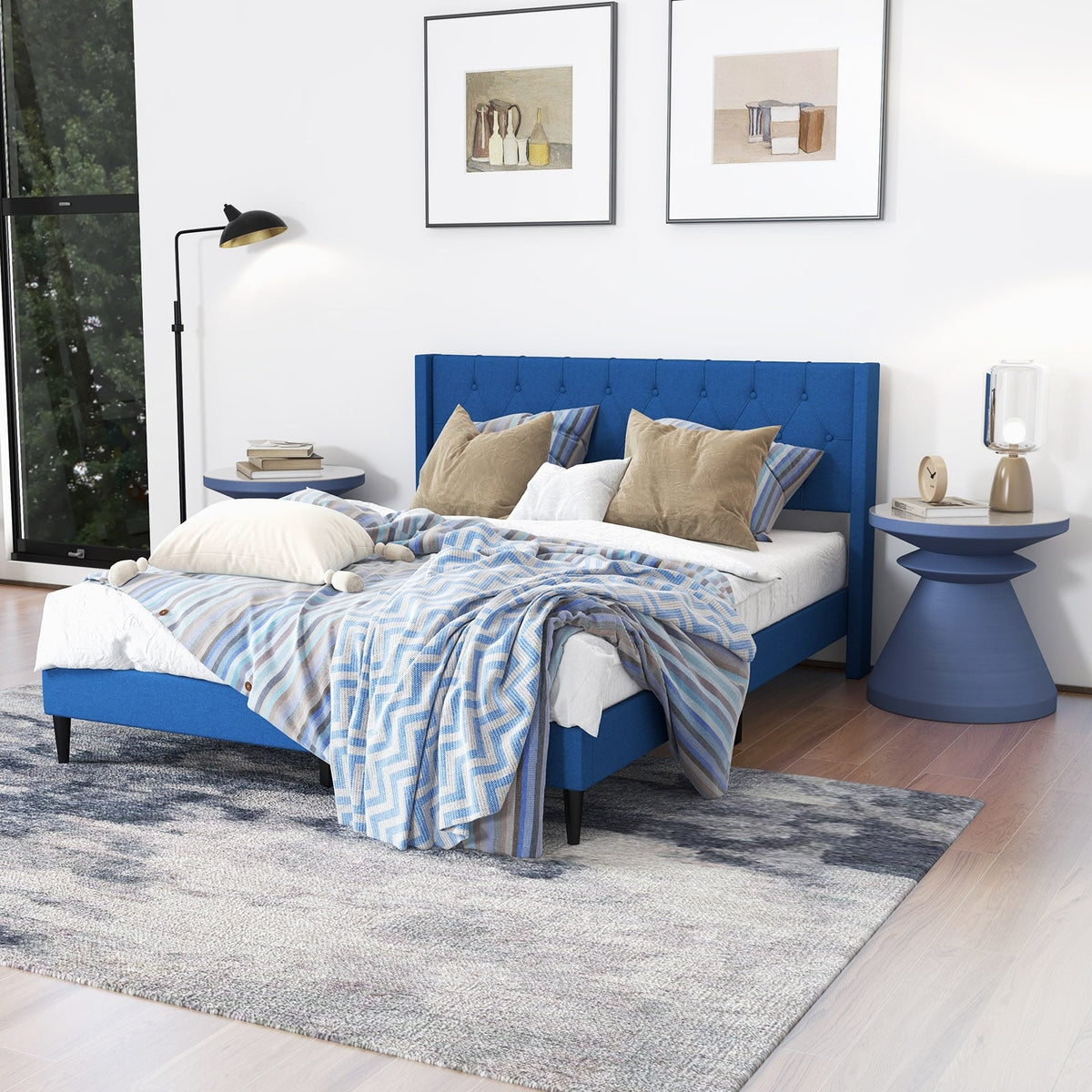 Queen Size Upholstered Platform Bed with Button Tufted Wingback Headboard-Blue-Simple Bed Frame-DECOROLALA