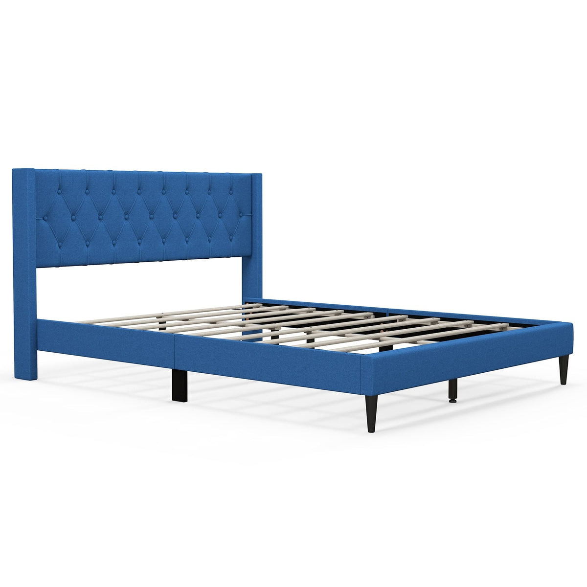 Queen Size Upholstered Platform Bed with Button Tufted Wingback Headboard-Blue-Simple Bed Frame-DECOROLALA