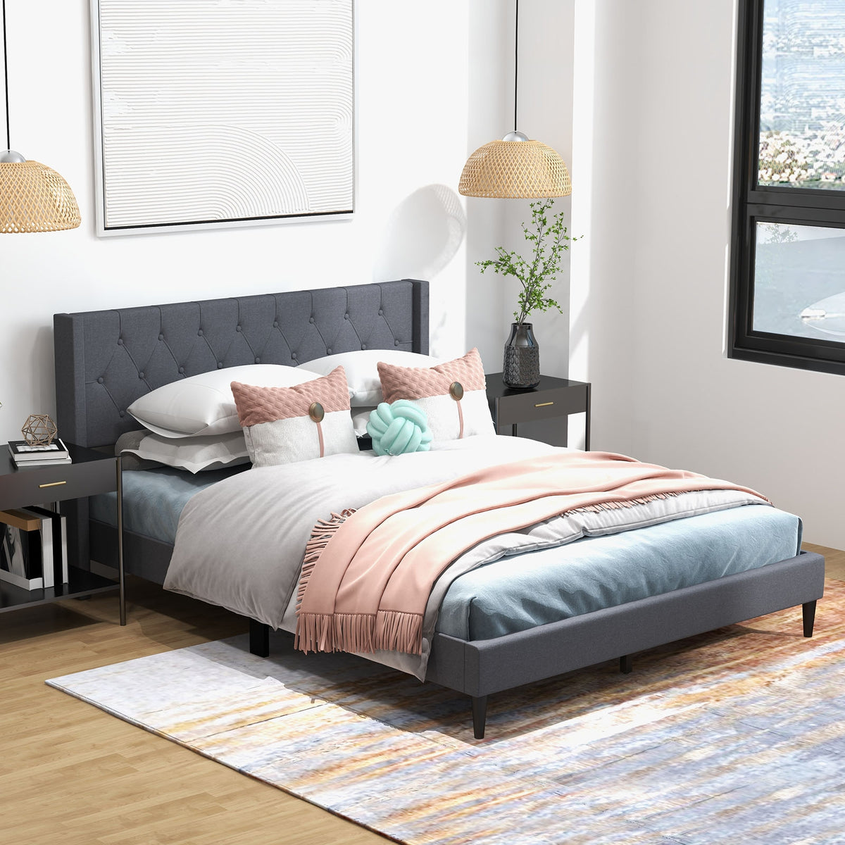 Queen Size Upholstered Platform Bed with Button Tufted Wingback Headboard-Gray-Simple Bed Frame-DECOROLALA