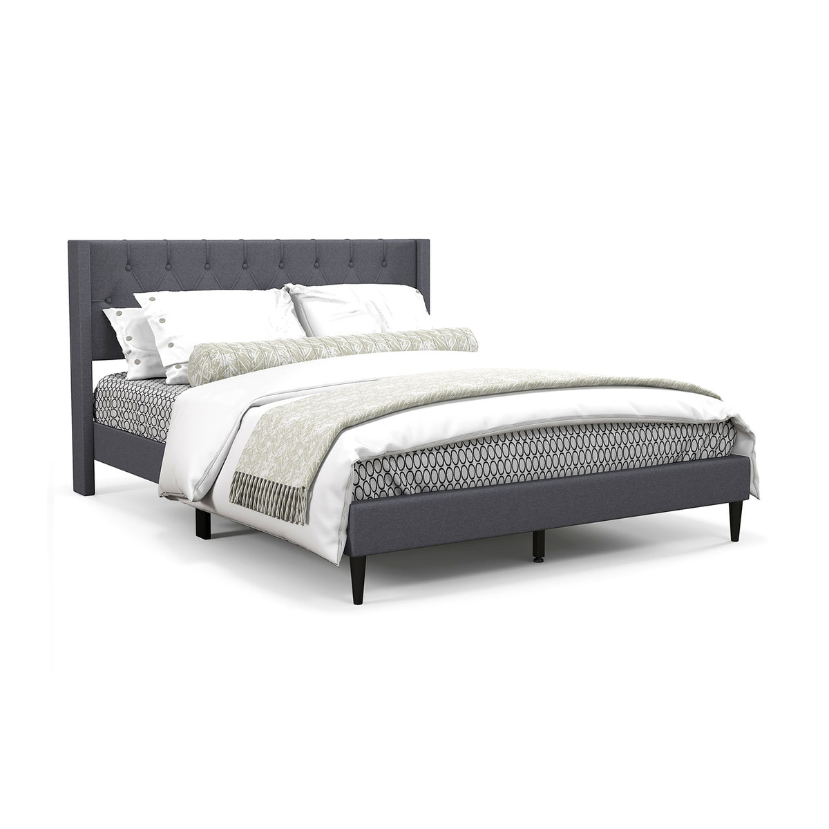 Queen Size Upholstered Platform Bed with Button Tufted Wingback Headboard-Gray-Simple Bed Frame-DECOROLALA