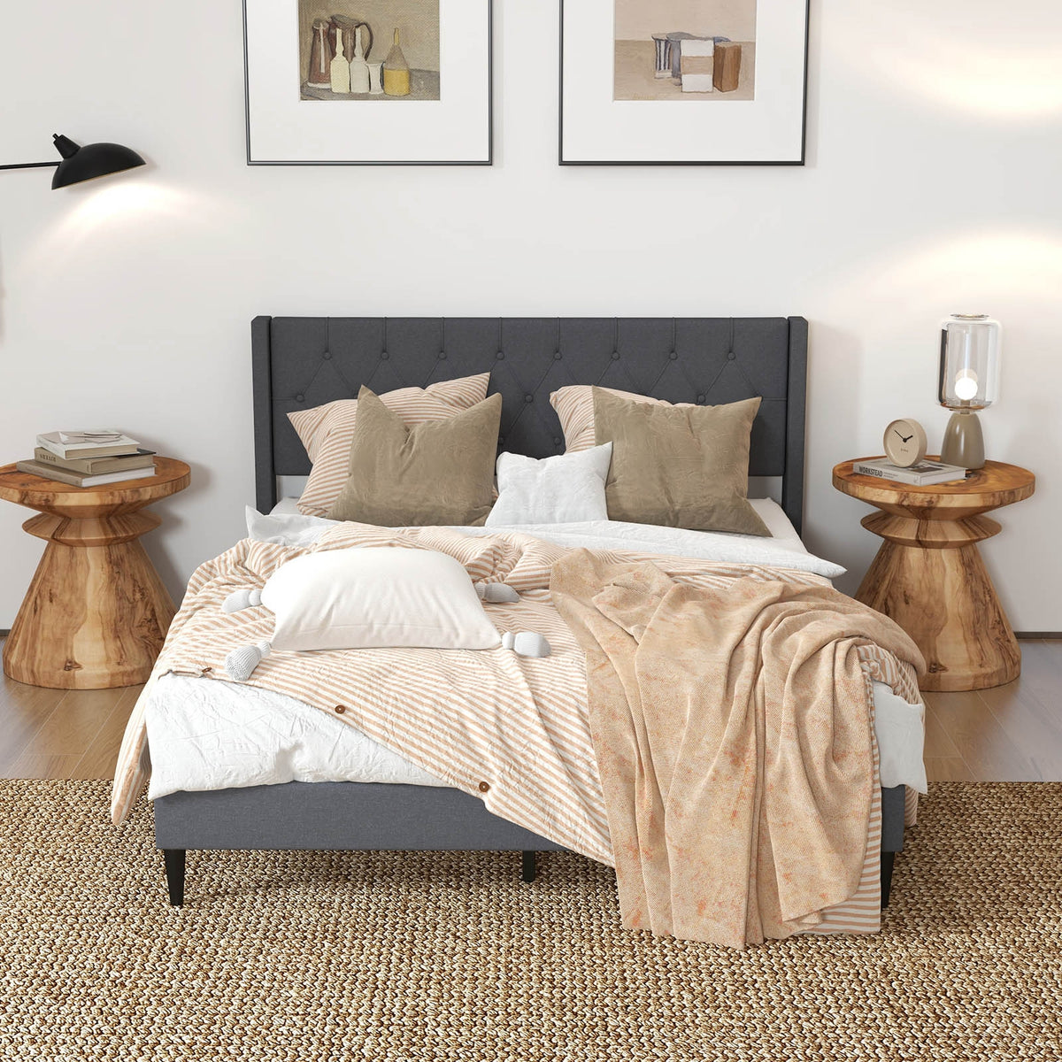 Queen Size Upholstered Platform Bed with Button Tufted Wingback Headboard-Gray-Simple Bed Frame-DECOROLALA
