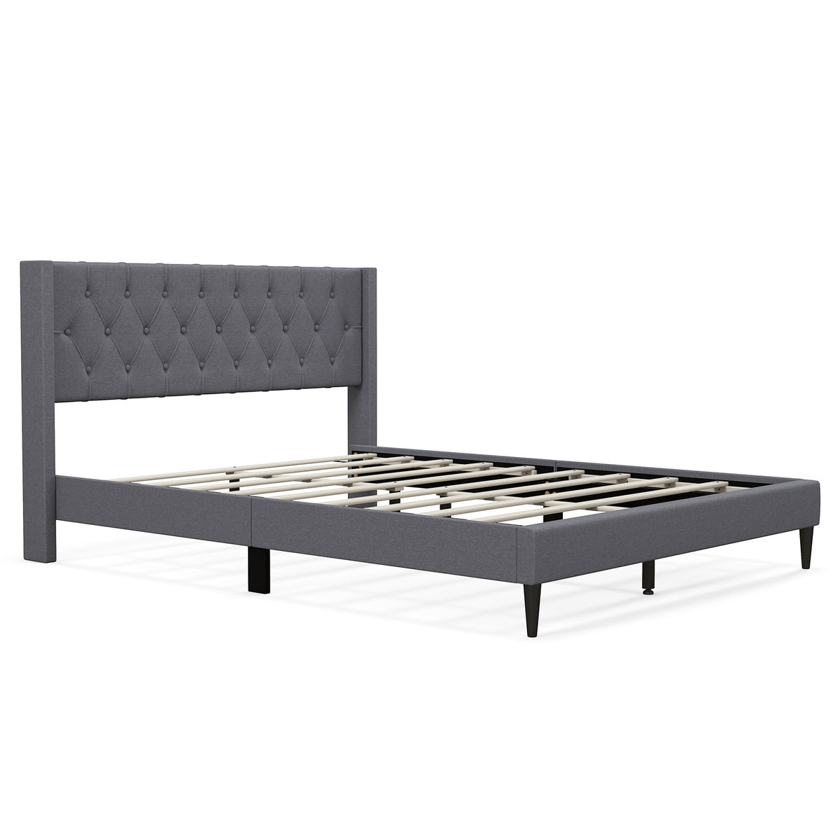 Queen Size Upholstered Platform Bed with Button Tufted Wingback Headboard-Gray-Simple Bed Frame-DECOROLALA