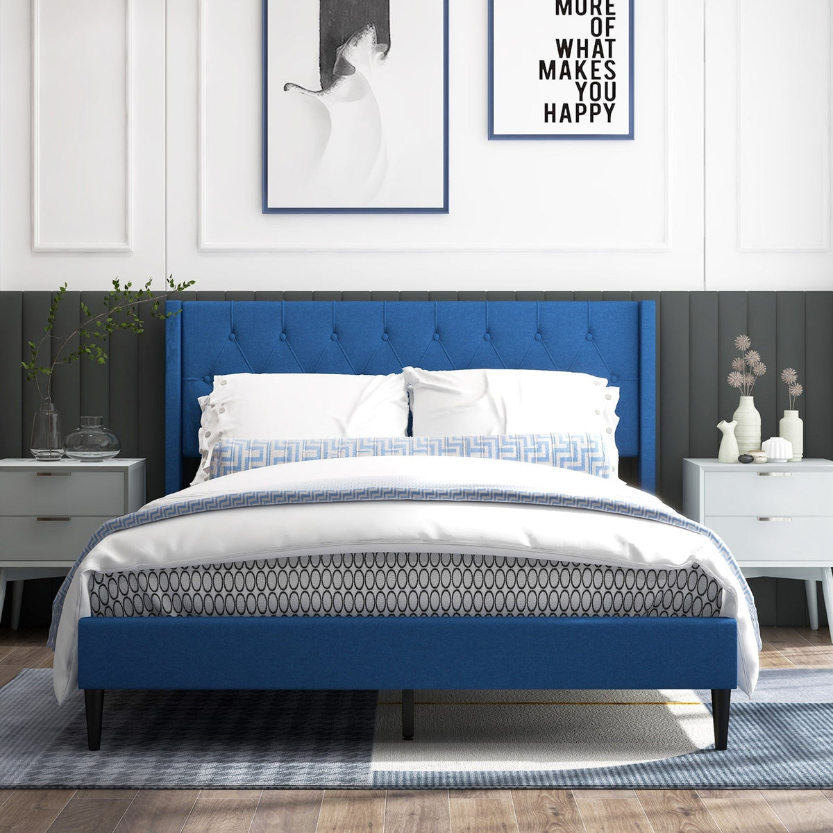 Queen Size Upholstered Platform Bed with Button Tufted Wingback Headboard-Simple Bed Frame-DECOROLALA