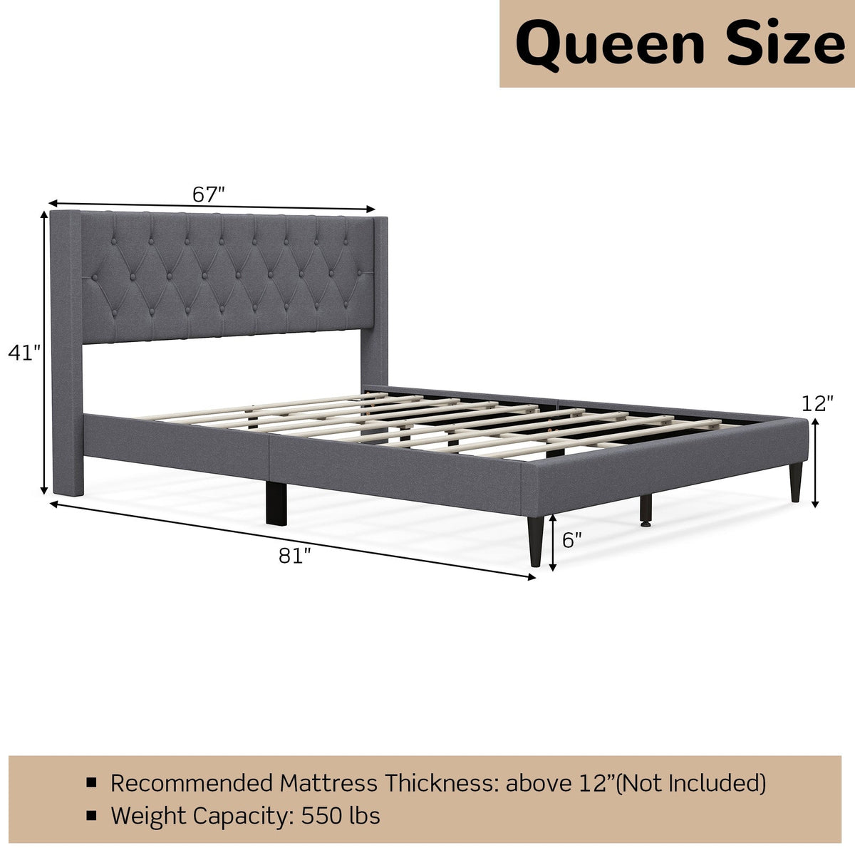 Queen Size Upholstered Platform Bed with Button Tufted Wingback Headboard-Simple Bed Frame-DECOROLALA