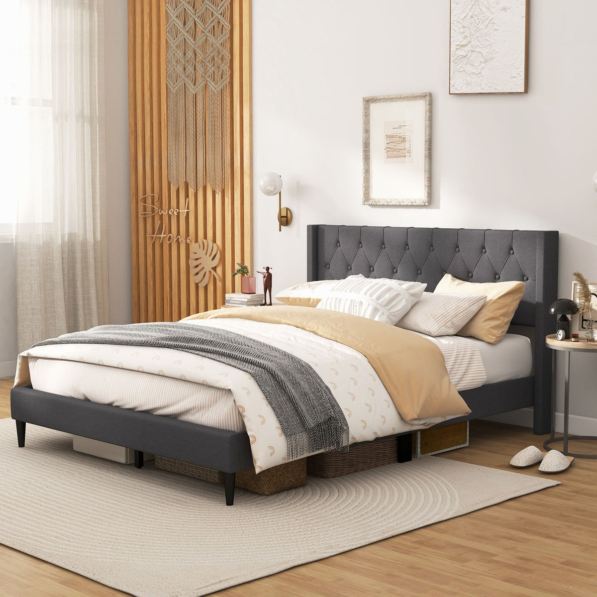 Queen Size Upholstered Platform Bed with Button Tufted Wingback Headboard-Simple Bed Frame-DECOROLALA