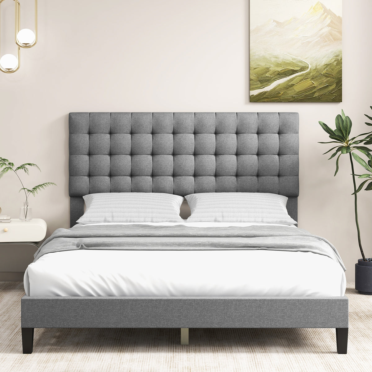 Queen Size Upholstered Platform Bed with Square Stitched Headboard-Simple Bed Frame-DECOROLALA