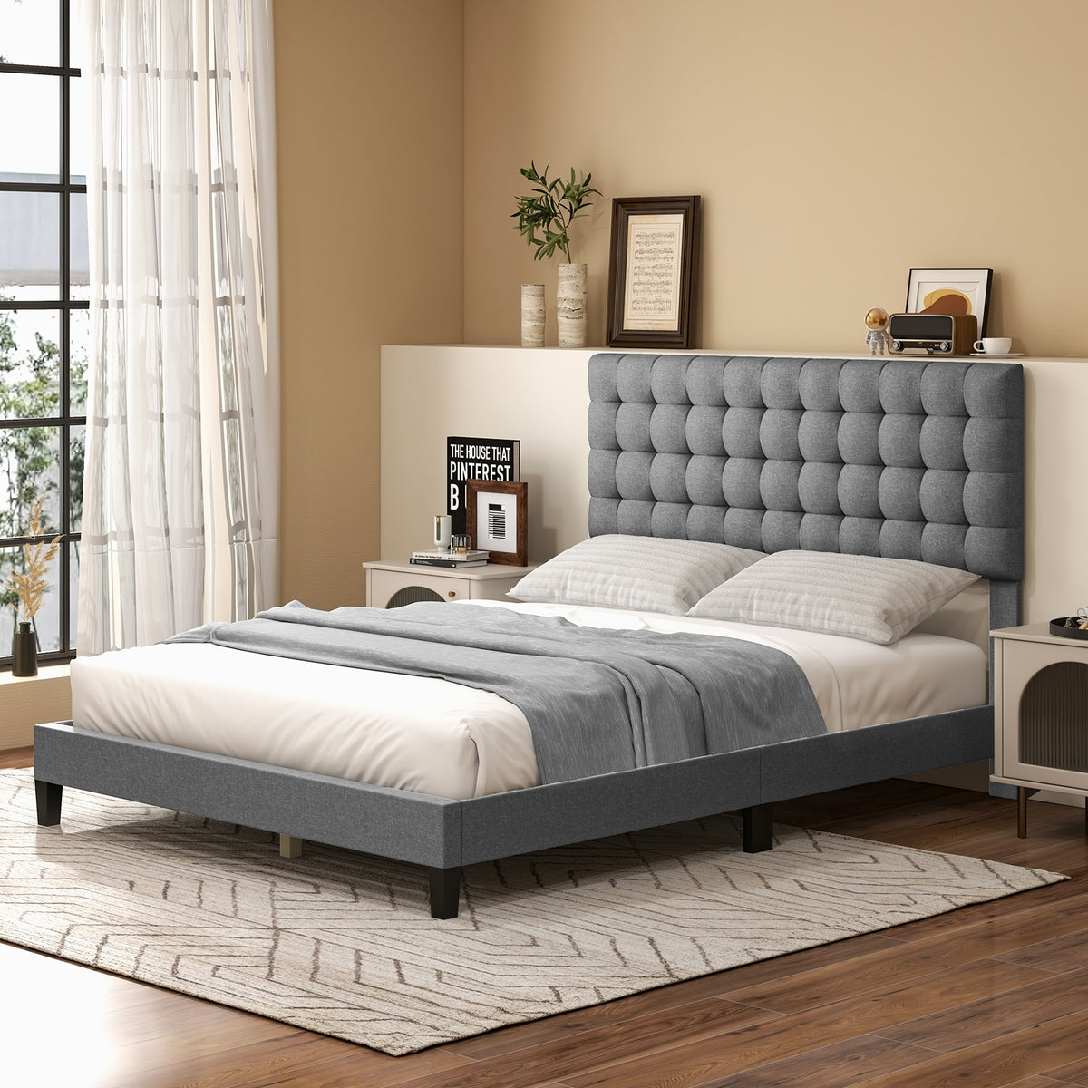 Queen Size Upholstered Platform Bed with Square Stitched Headboard-Simple Bed Frame-DECOROLALA