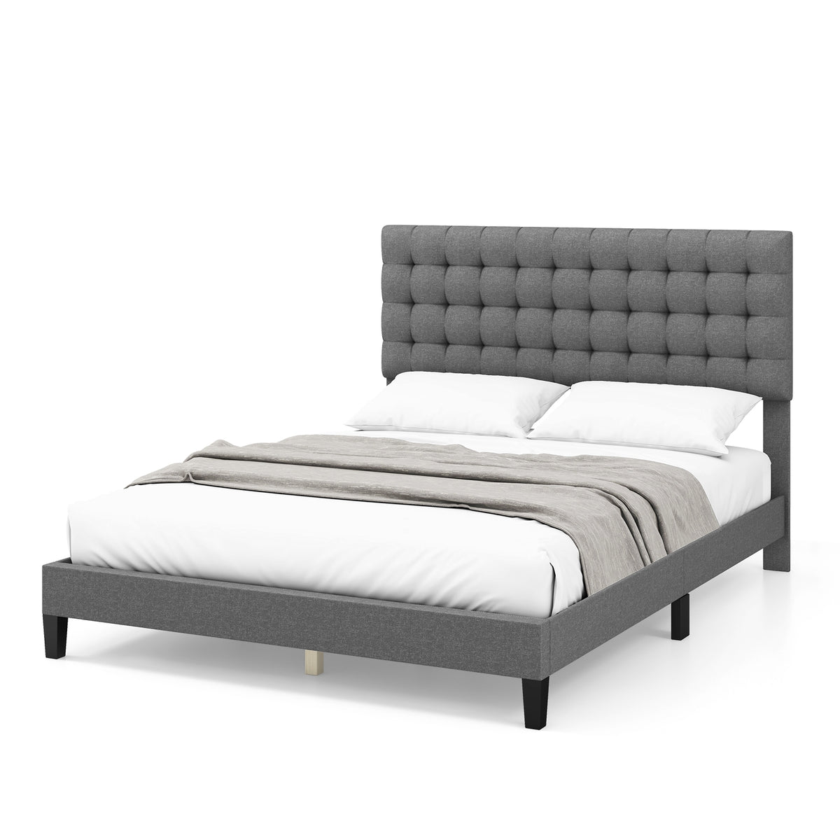 Queen Size Upholstered Platform Bed with Square Stitched Headboard-Simple Bed Frame-DECOROLALA