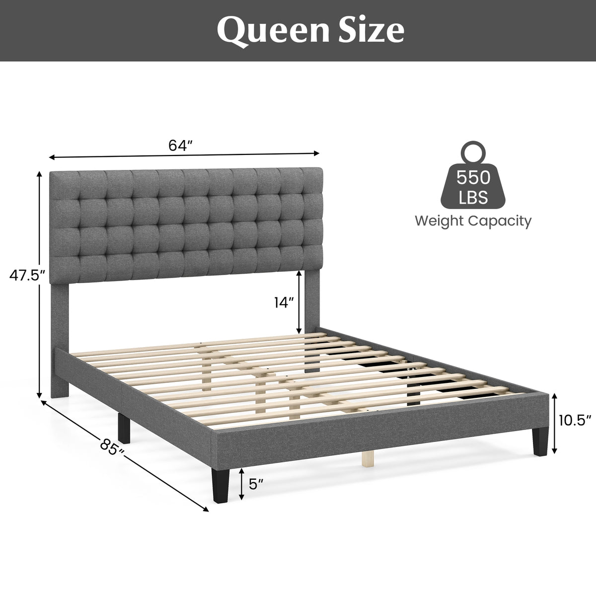 Queen Size Upholstered Platform Bed with Square Stitched Headboard-Simple Bed Frame-DECOROLALA