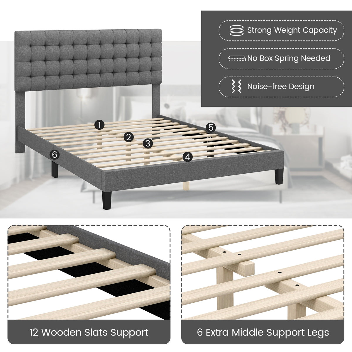 Queen Size Upholstered Platform Bed with Square Stitched Headboard-Simple Bed Frame-DECOROLALA