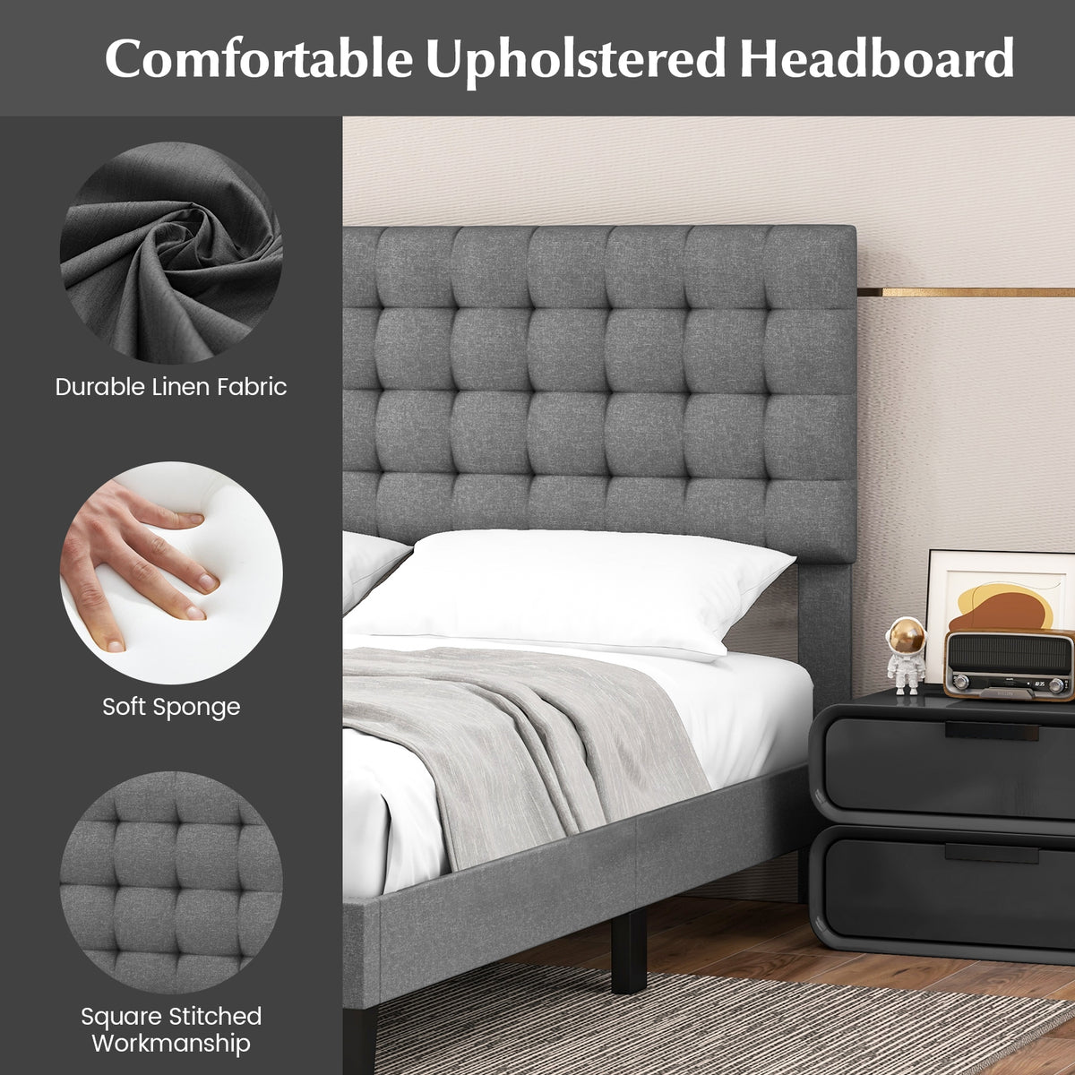 Queen Size Upholstered Platform Bed with Square Stitched Headboard-Simple Bed Frame-DECOROLALA