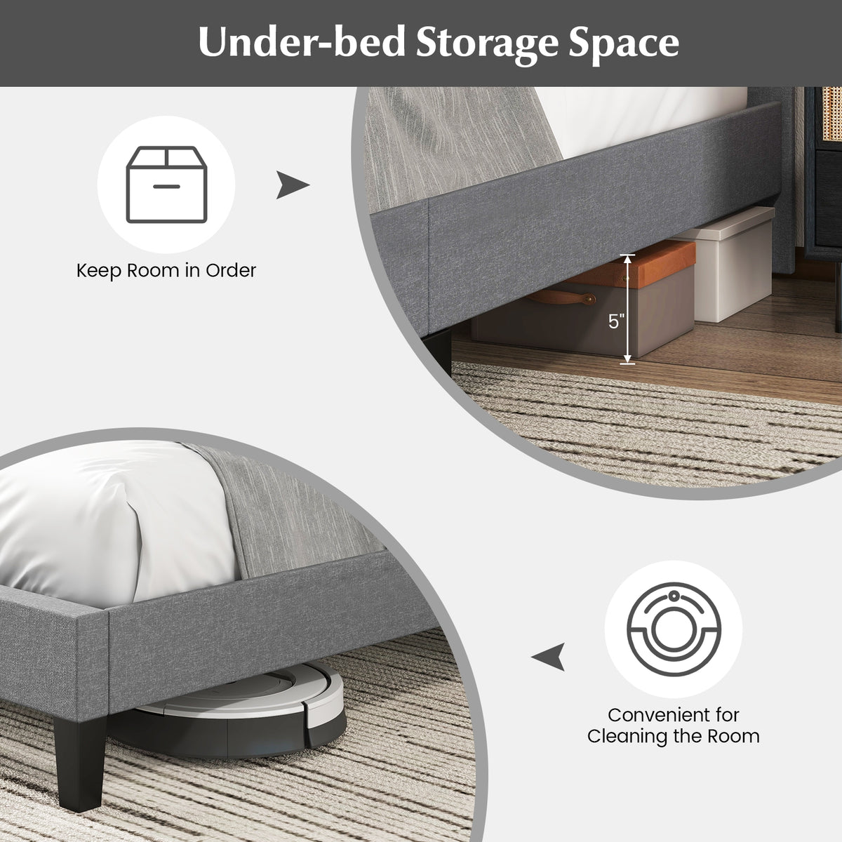 Queen Size Upholstered Platform Bed with Square Stitched Headboard-Simple Bed Frame-DECOROLALA