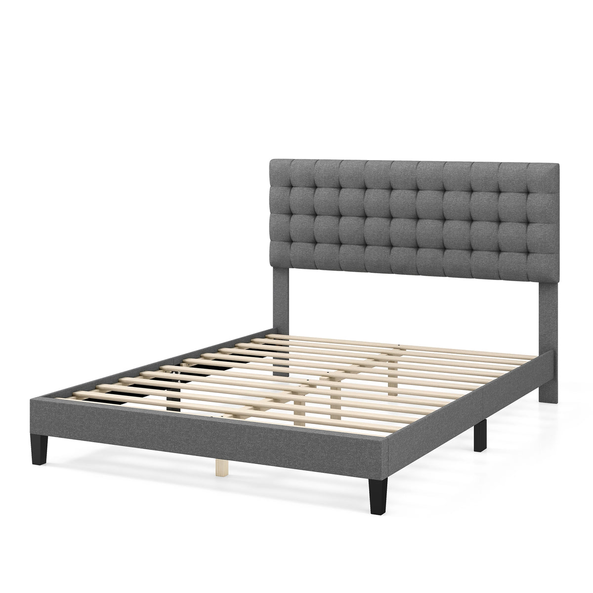 Queen Size Upholstered Platform Bed with Square Stitched Headboard-Simple Bed Frame-DECOROLALA