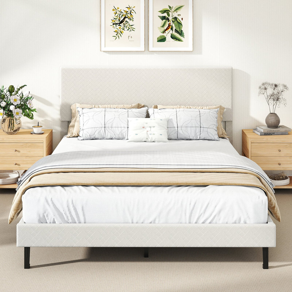 Queen Size Velvet Bed Frame Upholstered Platform Bed with Chevron Headboard Beige-Simple Bed Frame-DECOROLALA