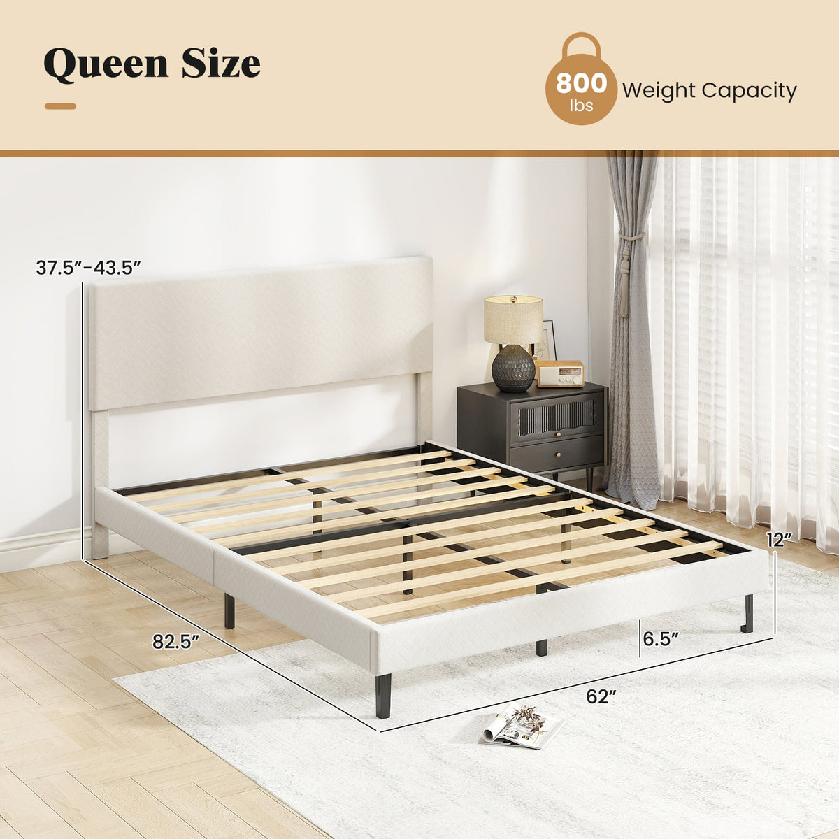 Queen Size Velvet Bed Frame Upholstered Platform Bed with Chevron Headboard Beige-Simple Bed Frame-DECOROLALA
