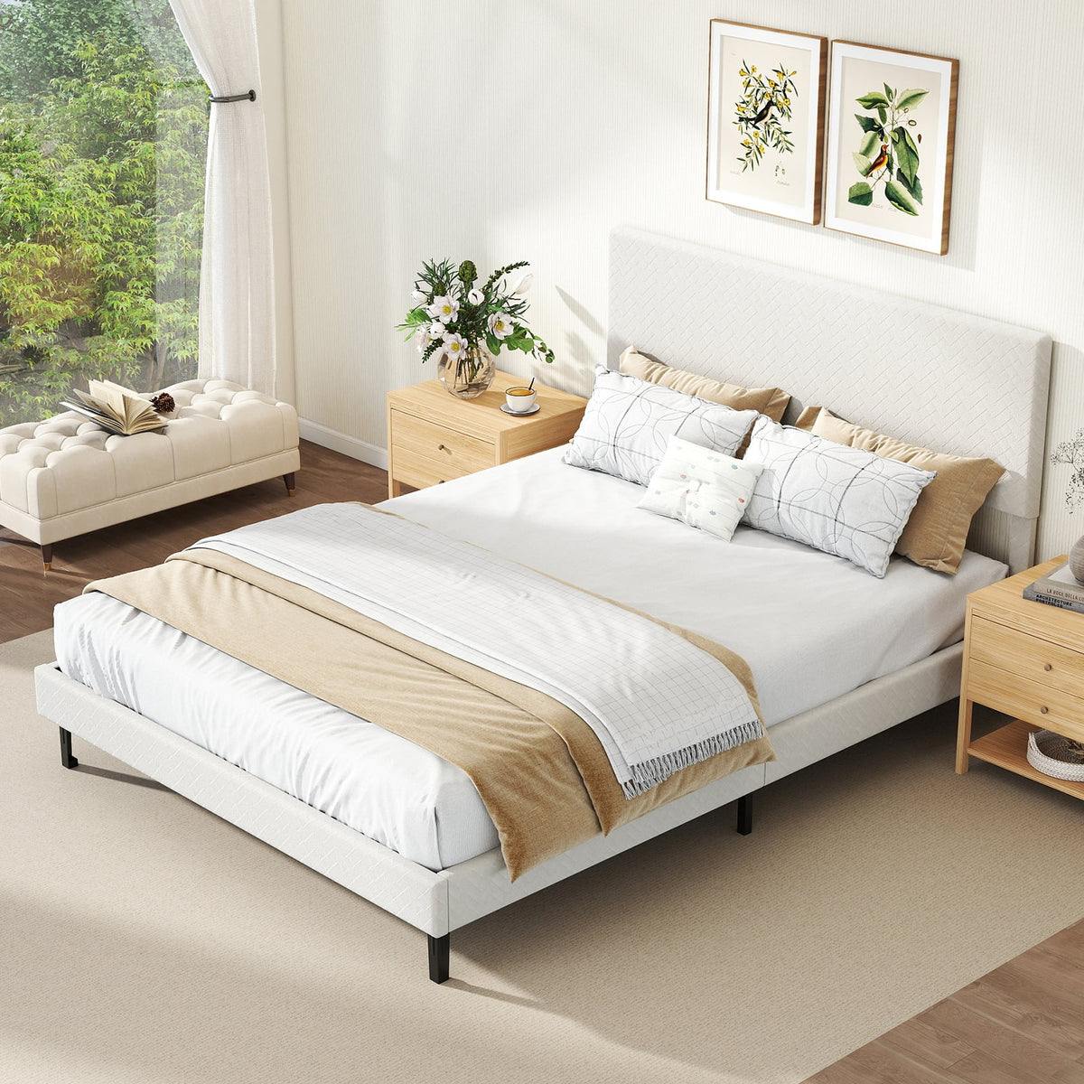 Queen Size Velvet Bed Frame Upholstered Platform Bed with Chevron Headboard Beige-Simple Bed Frame-DECOROLALA