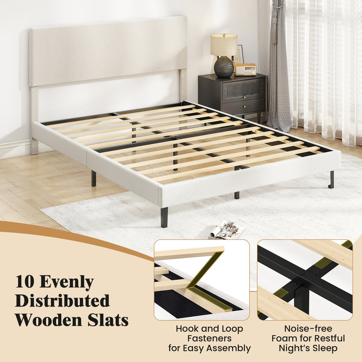 Queen Size Velvet Bed Frame Upholstered Platform Bed with Chevron Headboard Beige-Simple Bed Frame-DECOROLALA